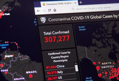 Map of confirmed cases of coronavirus from John Hopkins Resource Center on a  写真素材