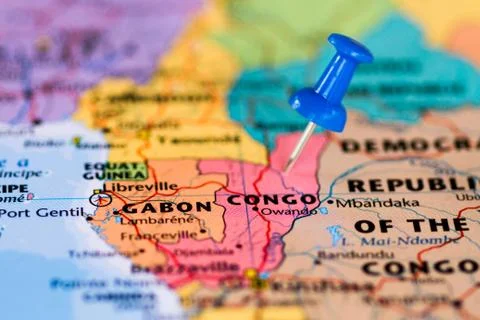 Map of Congo with a blue pushpin stuck Stock Photos