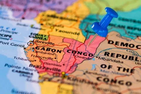 Map of Congo with a blue pushpin stuck Stock Photos