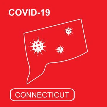 Map of Connecticut State labeled COVID-19. White outline map on a red background Illustrazione stock