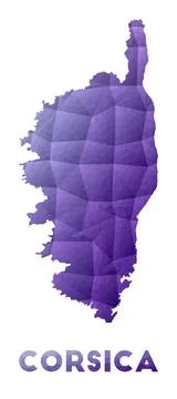 Map of Corsica. Low poly illustration of the island. Purple geometric desig.. Stock Illustration