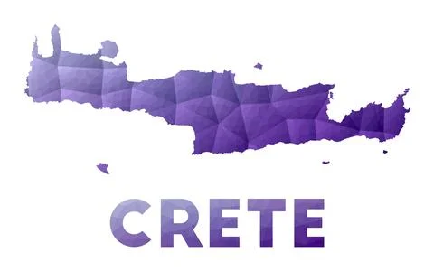 Map of Crete. Low poly illustration of the island. Purple geometric design... Ilustração Stock