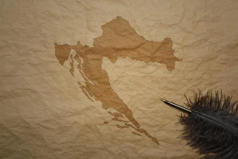 Map of croatia on a old paper background with old pen Stock Photos
