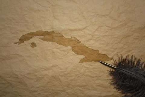 Map of cuba on a old paper background with old pen Stock Photos