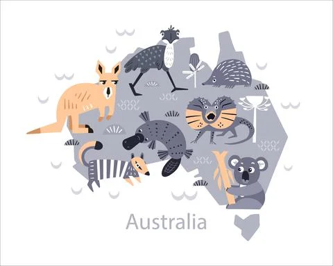 Map of cute animals and plants of Australia. Decorative handmade poster for Stock Illustration