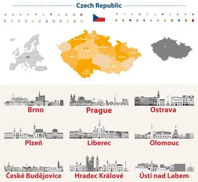 Map of Czech Republic with main cities skylines vector illustration Stock Illustration