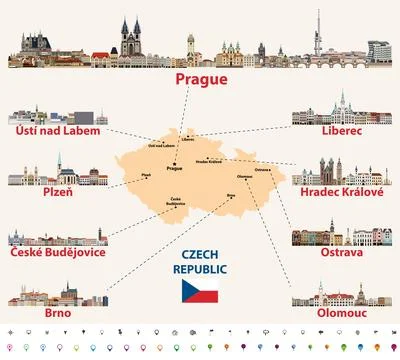 Map of Czech Republic with main cities skylines vector illustration Stock Illustration