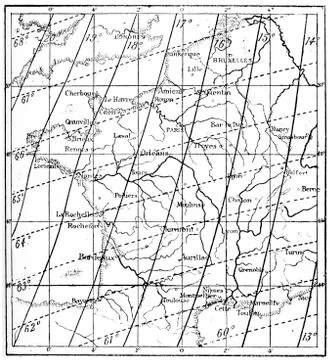 Map of the Declination of the Earth's Magnetic Field over France, vintage eng Stockillustratie
