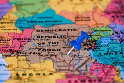 Map of Democratic Republic of the Congo with a blue pushpin stuck Stock Photos