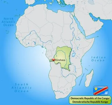 Map of democratic republic of the congo with main cities in pastel green Stock Illustration