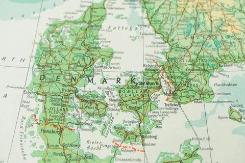 A map of Denmark and Iceland Map includes various terrain colors plains, fore Foto stock