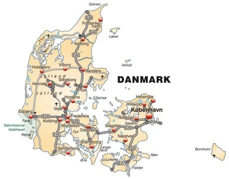 Map of denmark with highways in pastel orange Stock Illustration