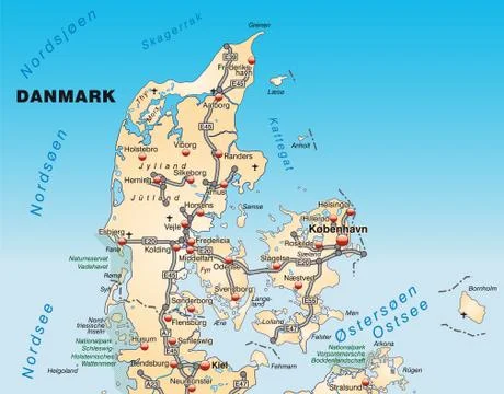 Map of denmark with highways in pastel orange Stock Illustration
