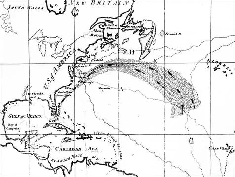  Map depicting a section of the Atlantic Ocean showing the Gulf Stream. Th... Stock Photos