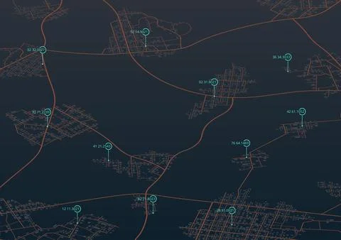 Map displaying geolocation coordinates and orange road grid. Vector illustration Stock Illustration