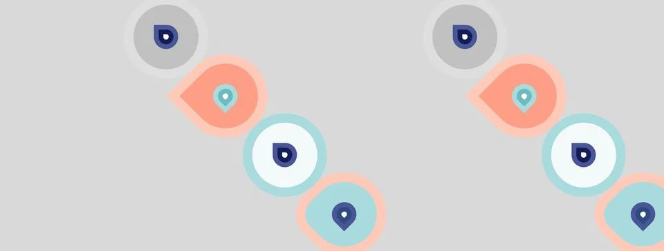 Map displays location pins, connected by light blue lines. Peach shapes Stock Illustration