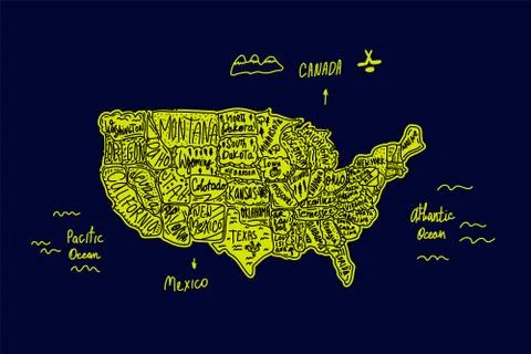 A map drawn in the Doodle style of the United States of America. Illustration of Stock Illustration