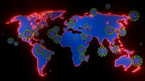 Map of the earth is highlighted in glow red, particles of coronavirus flying Stock Footage 127782881