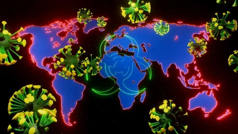 Map of the earth is highlighted in glow red, particles of coronavirus flying Stock-Footage 127783343