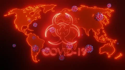 Map of earth is highlighted in glow red, particles of coronavirus fly over it Ilustração Stock