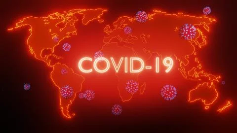 Map of earth is highlighted in glow red, particles of coronavirus fly over it Ilustração Stock