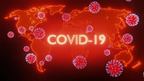 Map of earth is highlighted in glow red, particles of coronavirus fly over it Ilustração Stock