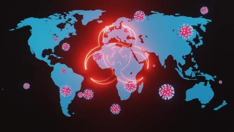 Map of earth is highlighted in glow red, particles of coronavirus fly over it Ilustração Stock
