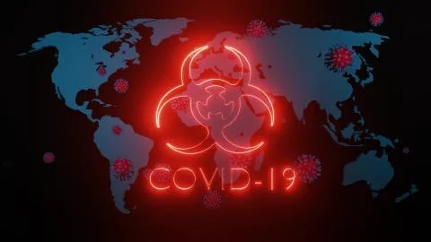 Map of earth is highlighted in glow red, particles of coronavirus fly over it Ilustração Stock