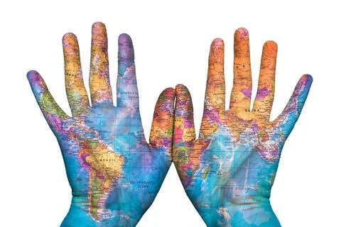 The map of the earth on his hands Stock Photos