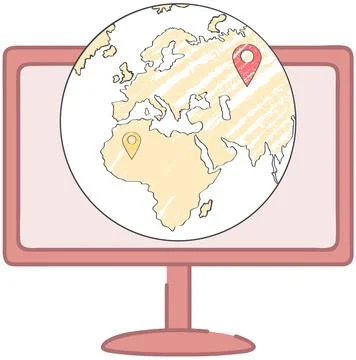 Map of Earth with marks, scheme of world on monitor. Diagram of planet with Ilustração Stock