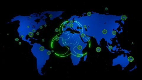Map of the earth, particles of coronavirus flying over it. Concept of the Stock Footage 127784012