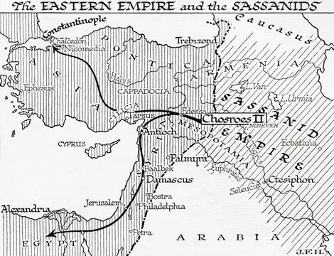 Map of the Eastern Empire and the Sassanids, 7th century.  From the book Outline Stock Illustration
