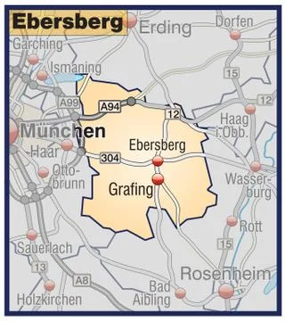 Map of ebersberg with highways in pastel orange Stock Illustration