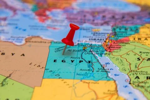 Map of Egypt with a red pushpin stuck Stock Photos