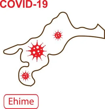 Map of Ehime labeled COVID-19. Brown outline map on a white background. Stock Illustration
