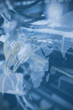 Map with emails against view of data technology Stock Illustration