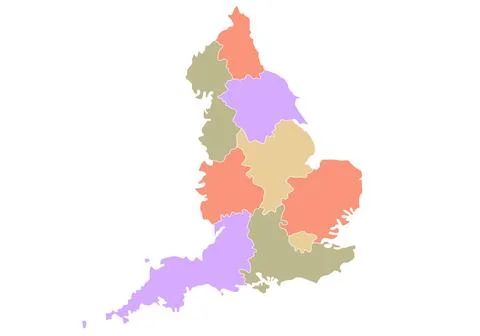 Map of England by region in different colors. Stock Illustration