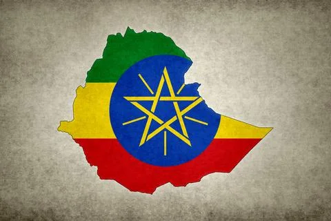 Map of Ethiopia with its flag on a paper Stock Illustration