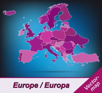 Map of europe with borders in violet Stock Illustration