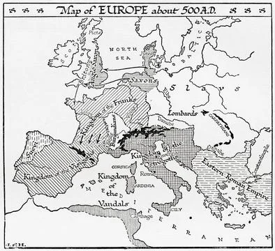 Map of Europe circa 500 A.D.  From the book Outline of History by H.G. Wells, pu Stock Illustration