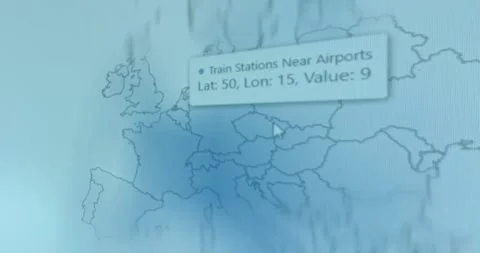 Map of Europe displaying information about train stations near airports Stock-Footage 321758458