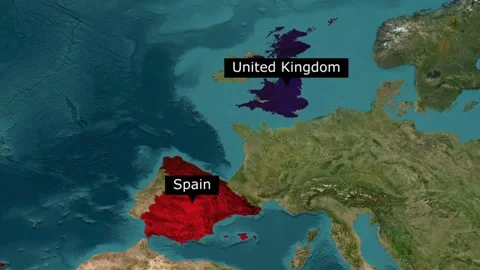 Map of europe highlighting spain and united kingdom with labels geography Stock Footage 345992526