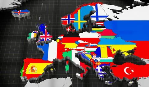 Map of Europe, international flags - 3D illustration Stock Illustration