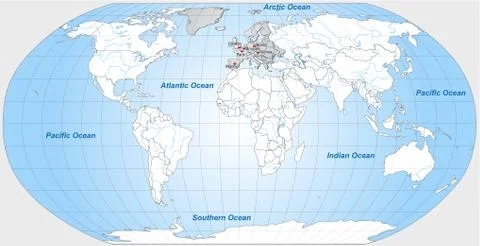 Map of europe with main cities in gray Illustrazione stock