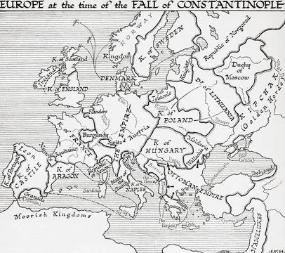 Map of Europe at the time of the Fall of Constantinople, 15th century.  From the Stock Illustration