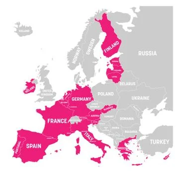Map of Eurozone. States using Euro currency. Grey vector map with pink Stock Illustration
