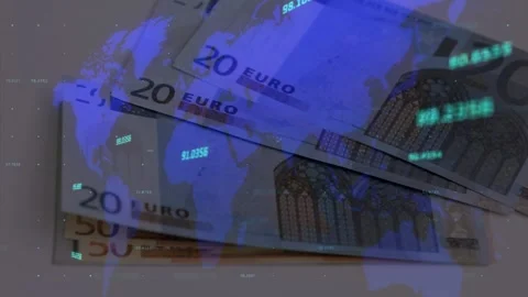 Map fading in and scrolling, ticks pulsing over euro notes shifting, revealing Stock Footage 329702115