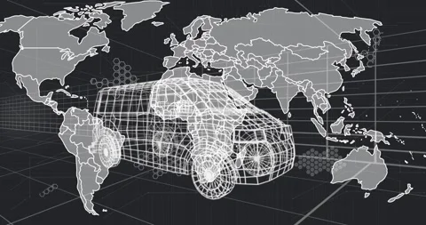 Map fading initiating wireframe van centering while overlays and hex motifs Video stock 329931154