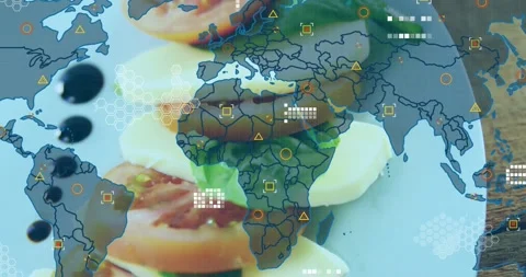 Map fading in over caprese stack, HUD icons pulsing, camera zooming to show Stock Footage 328365925