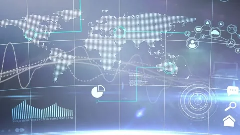 Map fading starting waveforms sweeping code scrolling Australia glowing icons Stock Footage 317741374